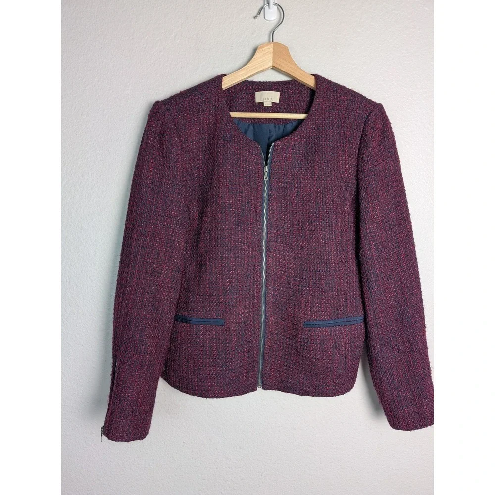 LOFT Jacket Womens 12 Red Tweed Lined Pockets Full Zip Short Wool Blend‎
